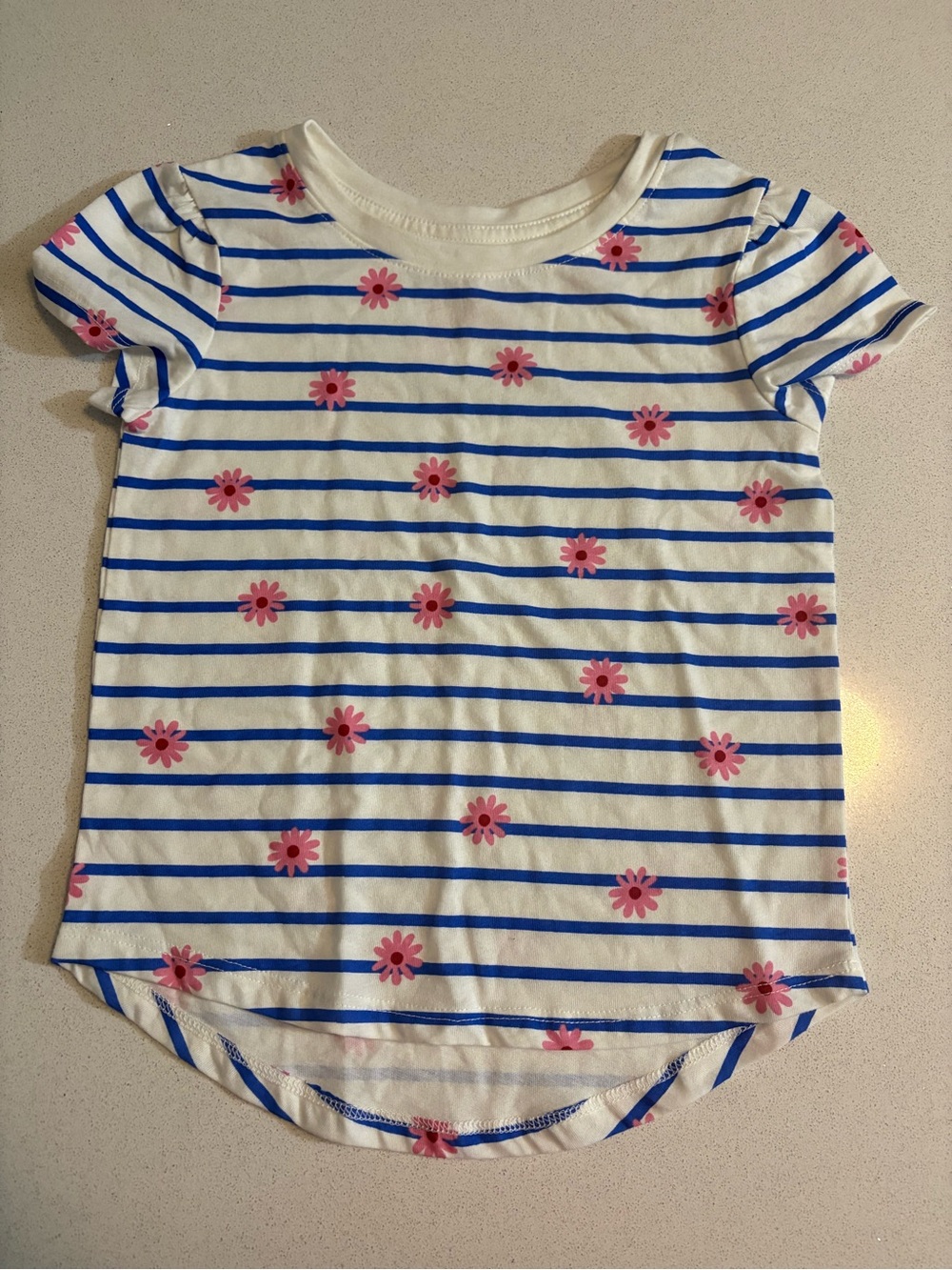 Cat & Jack White Tee with Blue Stripes and Pink Daisies